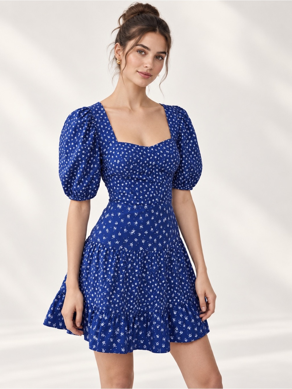 French Connection Blue Floral Puff Sleeve Mini Dress Sweetheart Cutout Back NWT